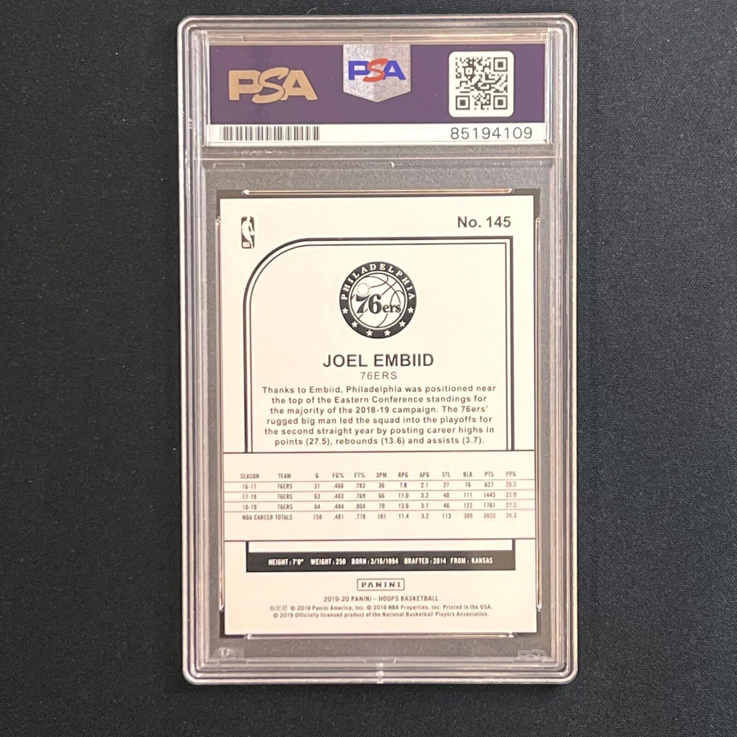 2019-20 Panini Hoops #145 Joel Embiid signed card PSA/DNA Philadelphia 76ers AUT