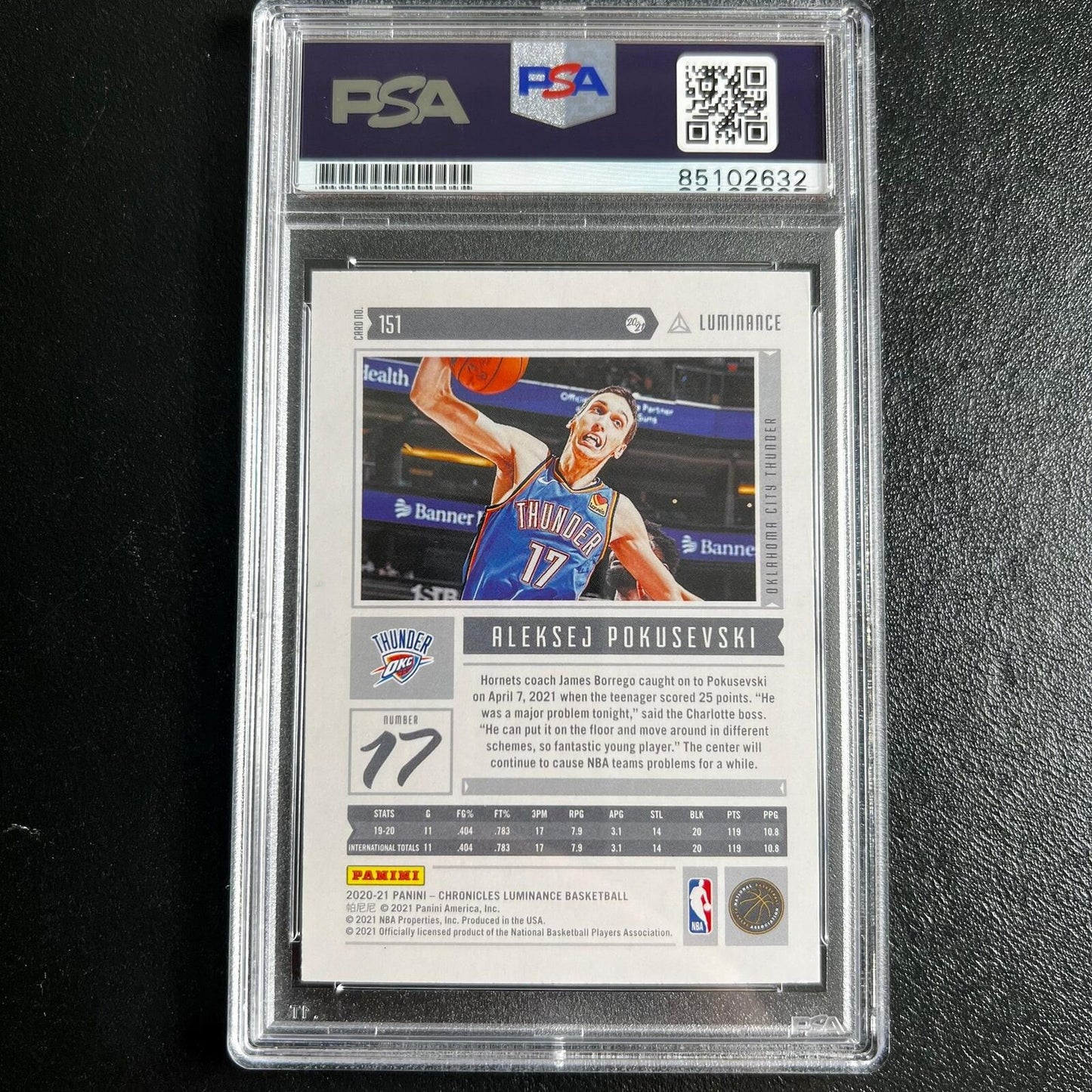 2020-21 Panini Chronicles Luminance #151 Aleksej Pokusevski Signed Card AUTO PSA