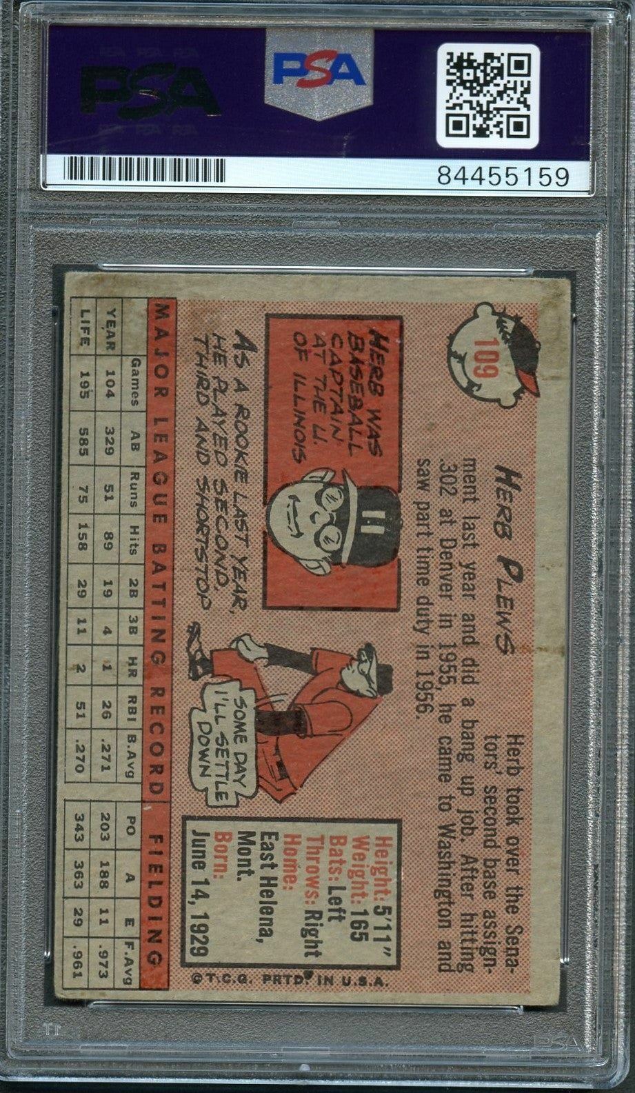 1958 Topps #109 Herb Plews Signed Card PSA Slabbed Auto Senators