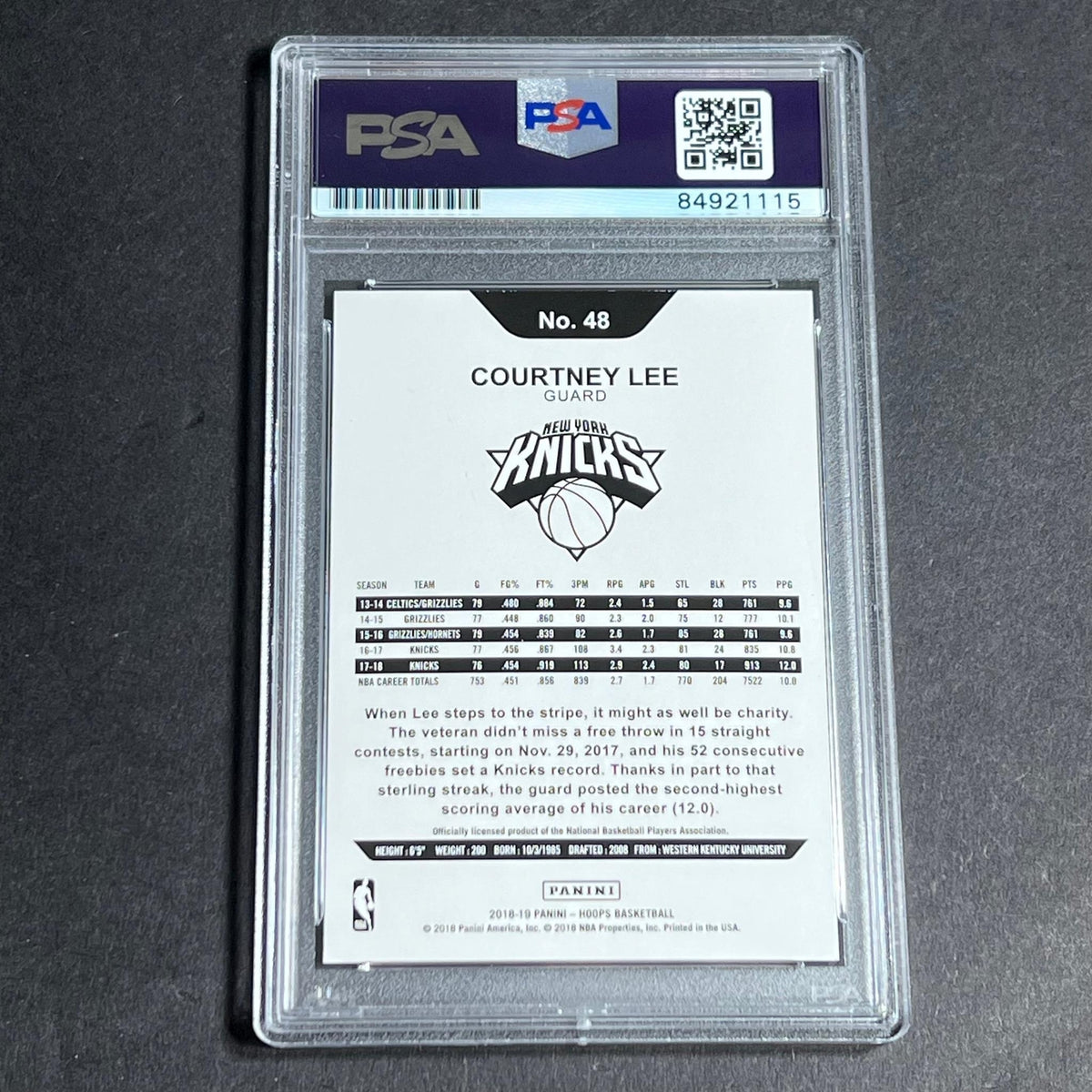 2018-19 Panini Hoops #48 Courtney Lee Signed Card AUTO PSA Slabbed Knicks