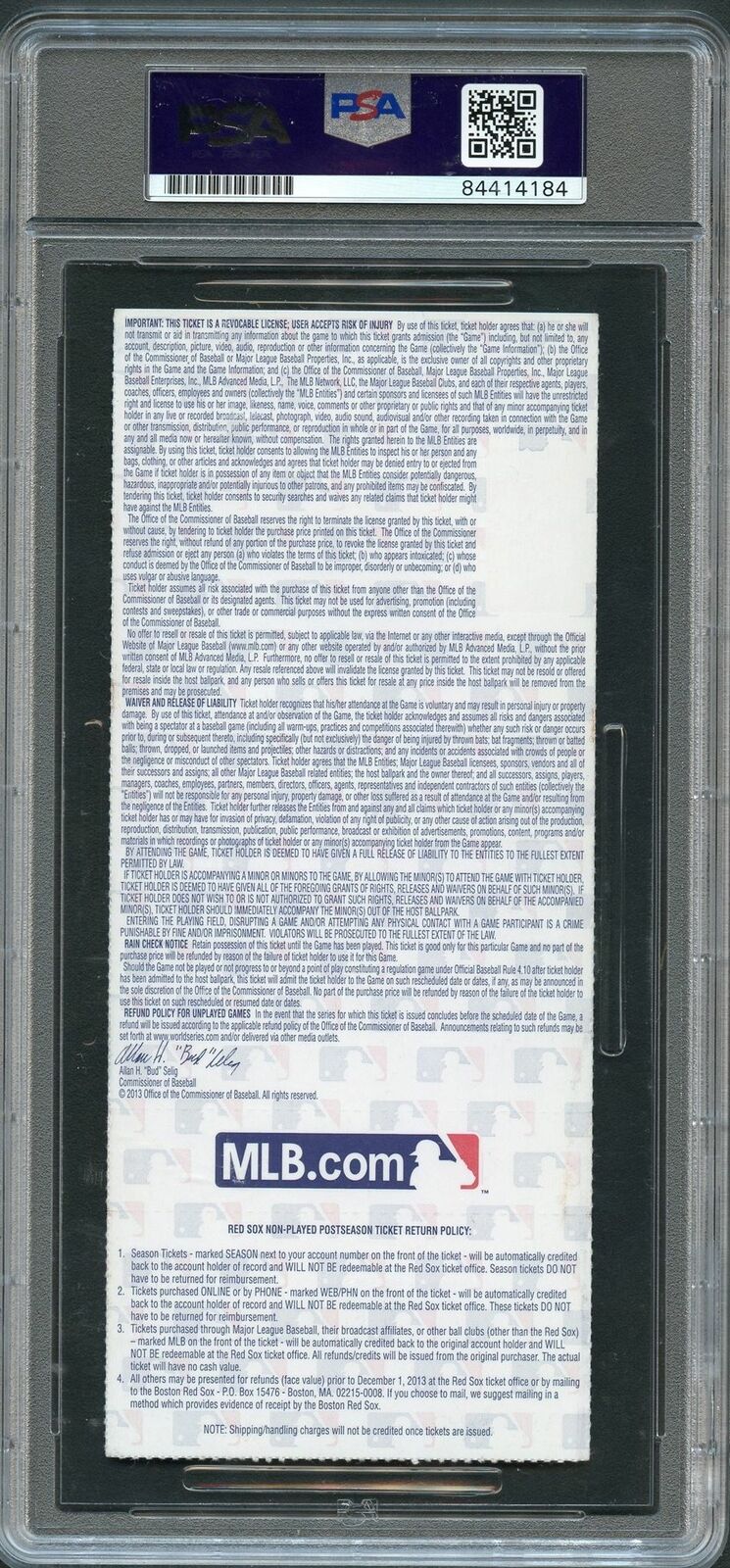 Dustin Pedroia 2013 WORLD SERIES Game 6 Signed Ticket PSA Slabbed Auto Grade 10