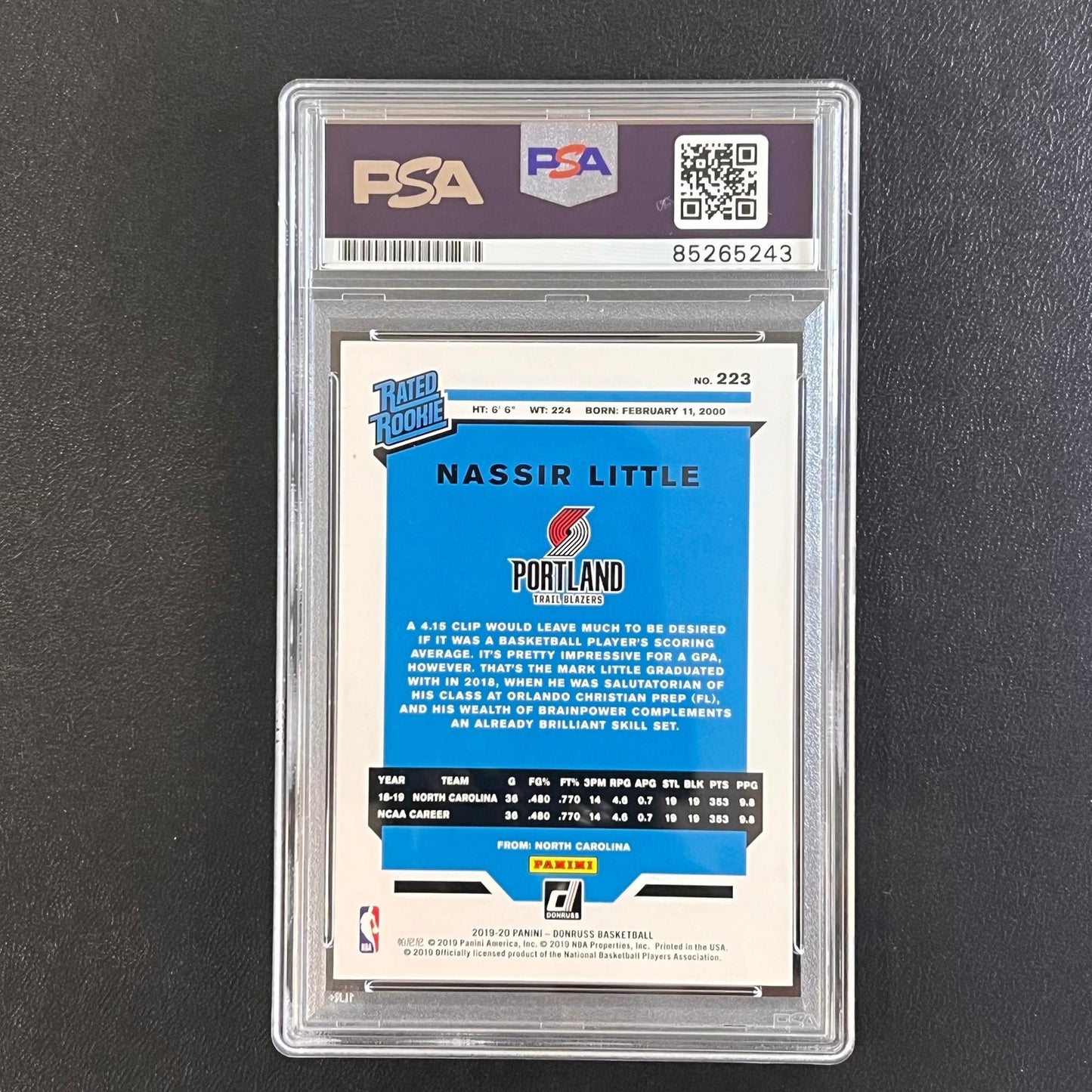 2019-20 Donruss Rated Rookie #223 Nassir Little Signed Rookie Card AUTO PSA Slab