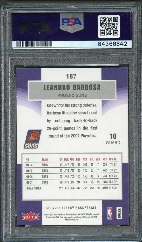 07-08 Fleer #187 Leandro Barbosa Signed Card AUTO 10 PSA Slabbed Suns