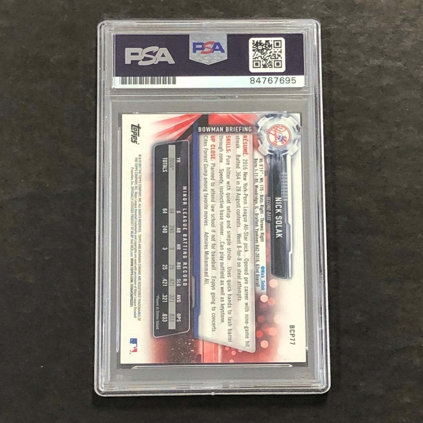 2017 Topps Bowman Chrome #BCP-77 Nick Solak Signed Card AUTO PSA Slabbed Yankees