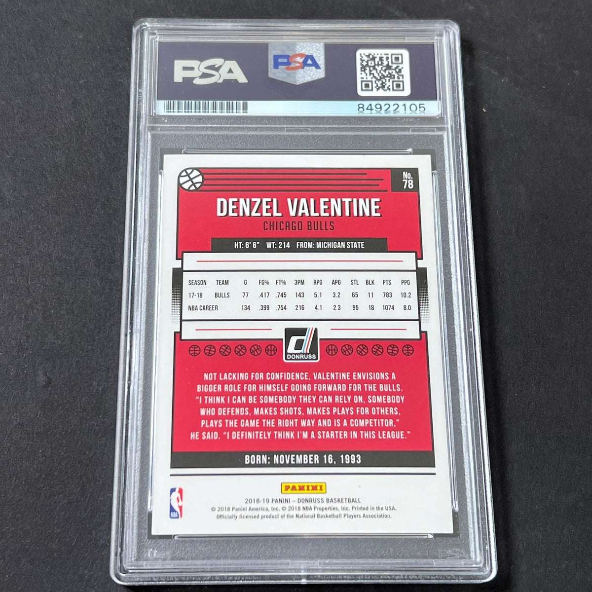 2020-21 Donruss #78 Denzel Valentine Signed Card AUTO 10 PSA Slabbed Bulls