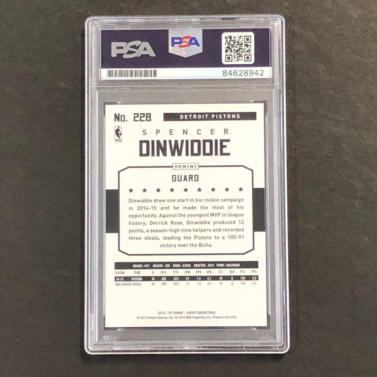 2015-16 NBA Hoops #228 Spencer Dinwiddie Signed Card AUTO GRADE 10 PSA Slabbed P