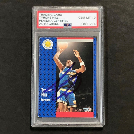 1991-92 Fleer #67 Tyrone Hill Signed Card AUTO 10 PSA Slabbed Warriors