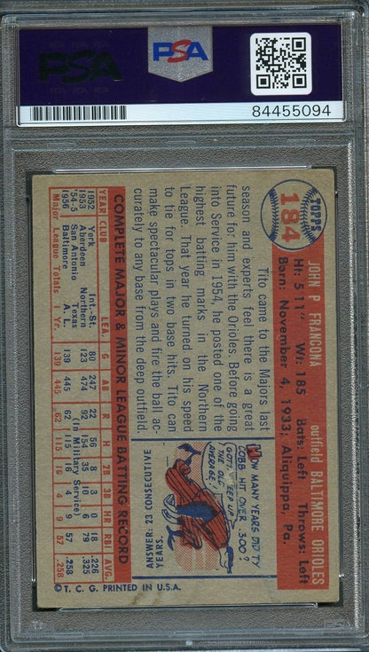 1957 Topps #184 TITO FRANCONA Signed Card PSA Slabbed Auto Orioles