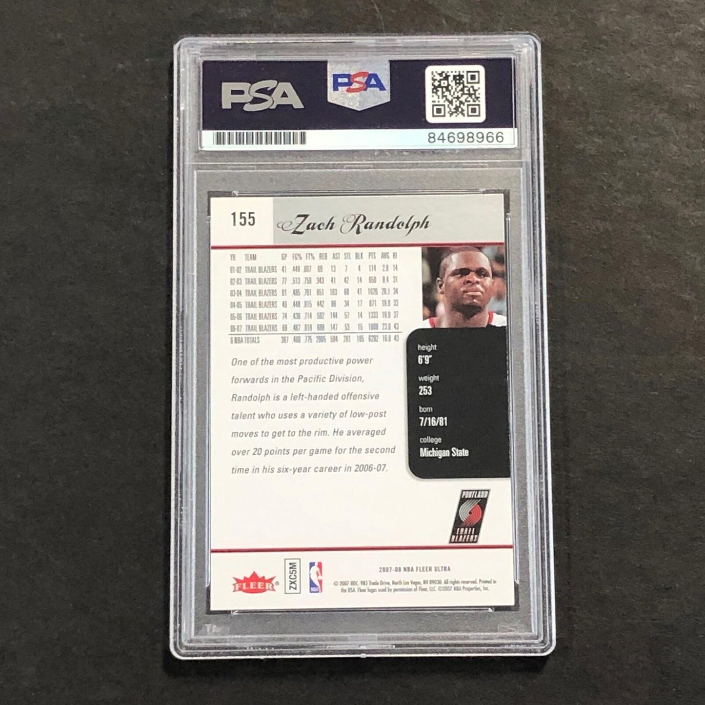 2007-08 NBA Fleer Ultra #155 Zach Randolph signed Card PSA Slabbed Trailblazers
