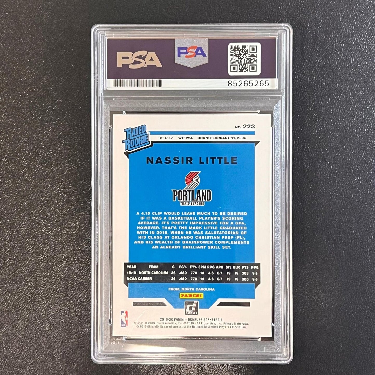 2019-20 Donruss Rated Rookie #223 Nassir Little Signed Rookie Card AUTO PSA Slab