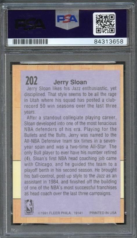 1991 Fleer#202 Jerry Sloan Signed Card AUTO PSA Slabbed Jazz