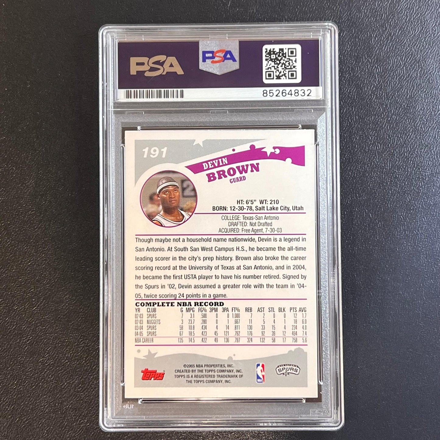 2005 Topps NBA Properties #191 Devin Brown Signed Card AUTO PSA Slabbed Spurs