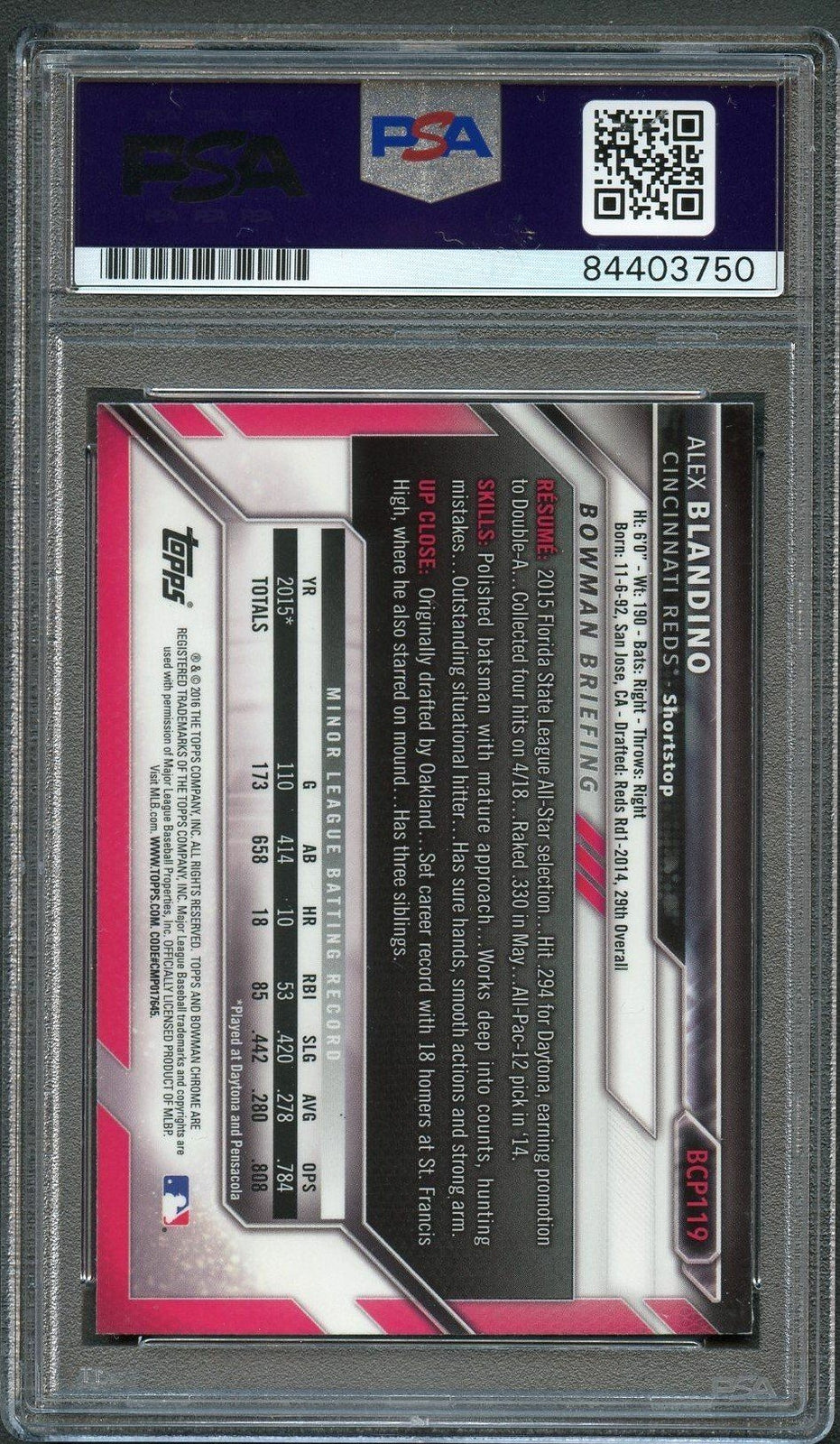2016 Bowman Chrome Prospect #BCP 119 Alex Blandino Signed Card PSA Slabbed Auto