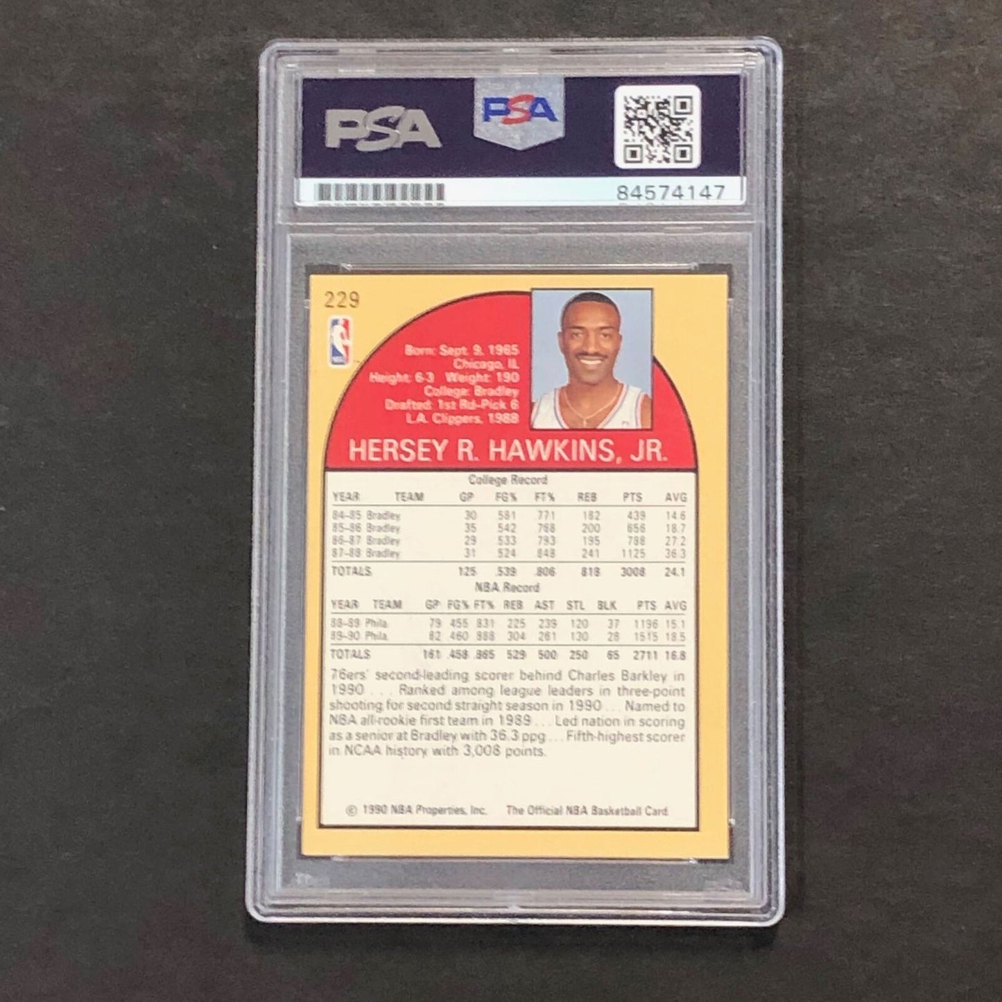 1990-91 NBA Hoops #229 Hersey Hawkins Signed Card AUTO PSA Slabbed 76ers