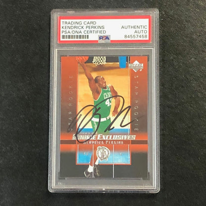 2003-04 Upper Deck Exclusives #22 Kendrick Perkins Signed Card AUTO PSA/DNA Slab