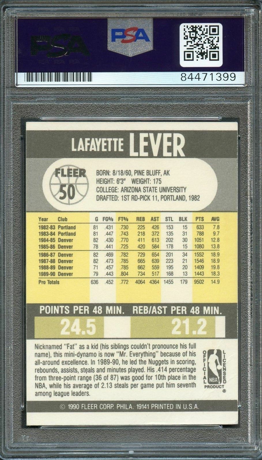 1990 FLEER #50 LAFAYETTE "FAT" LEVER Signed Card AUTO 10 PSA/DNA Slabbed Maveric