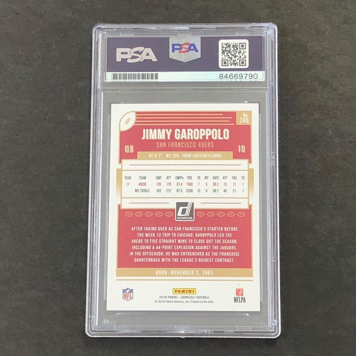 2018-19 Panini Donruss #249 Jimmy Garoppolo Signed Card AUTO 10 PSA Slabbed 49er