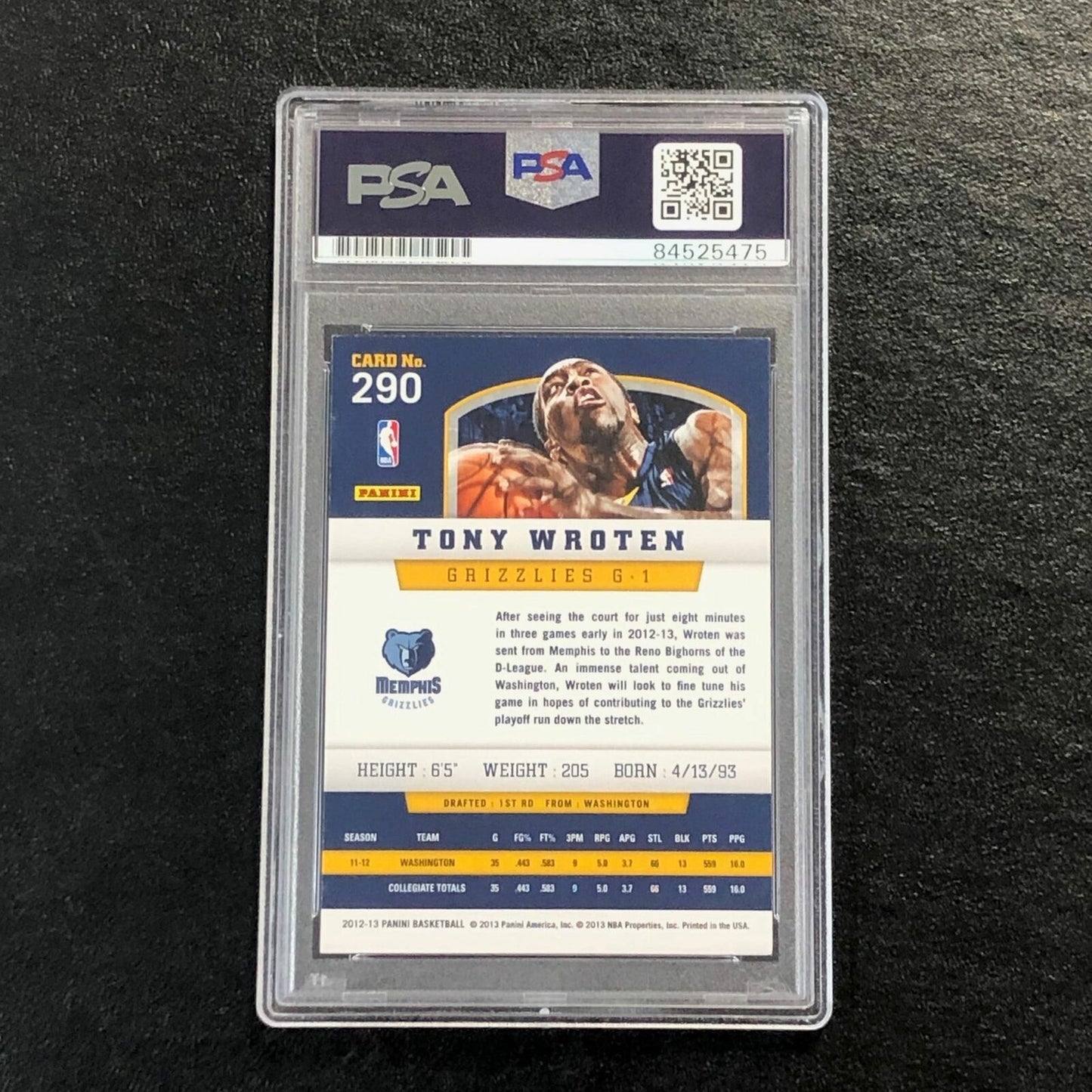 2012-13 Panini Basketball #290 Tony Wroten Signed Card AUTO 10 PSA Slabbed Grizz