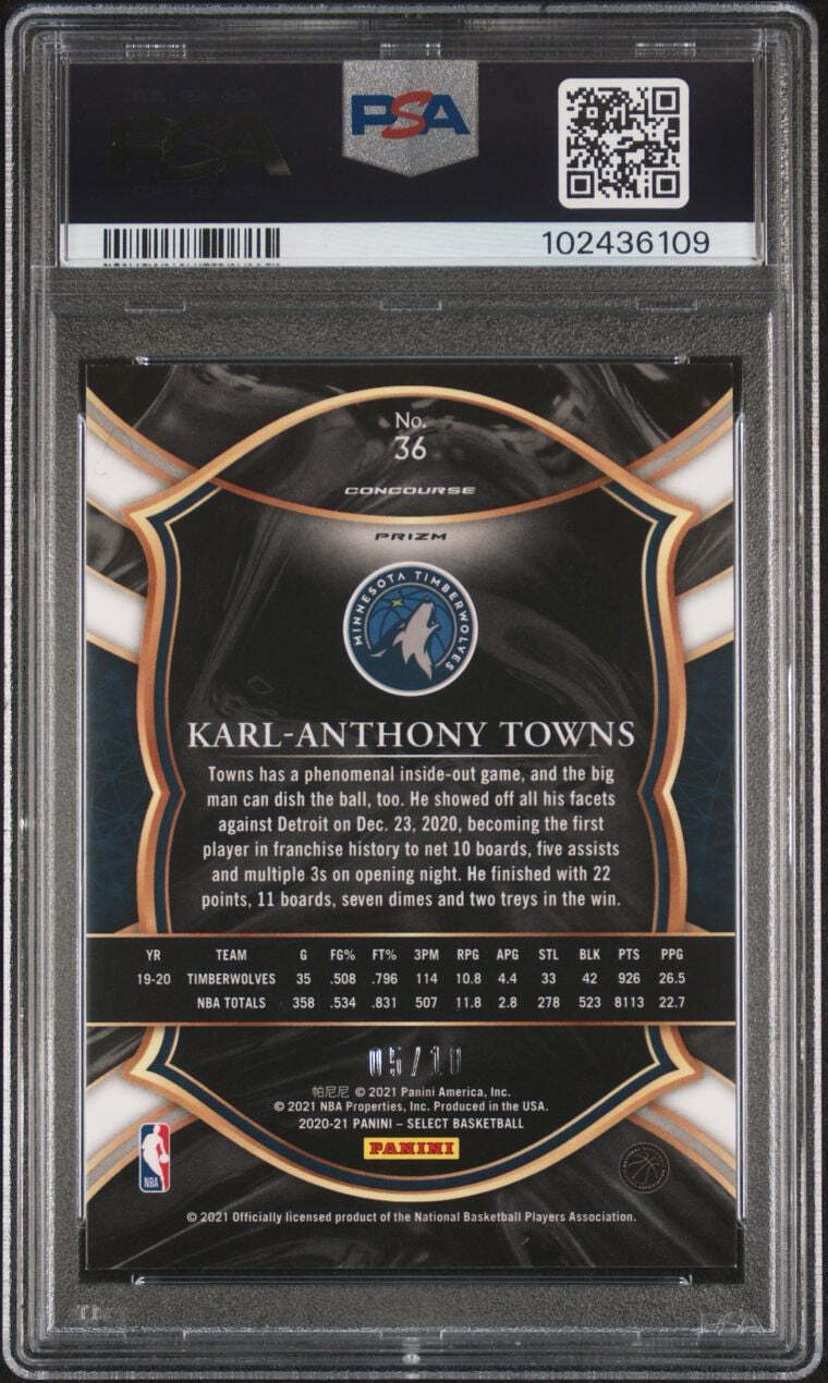 2020 Panini Select Pink Prizm #36 Karl-Anthony Towns PSA MT 9 Slabbed Timberwolv