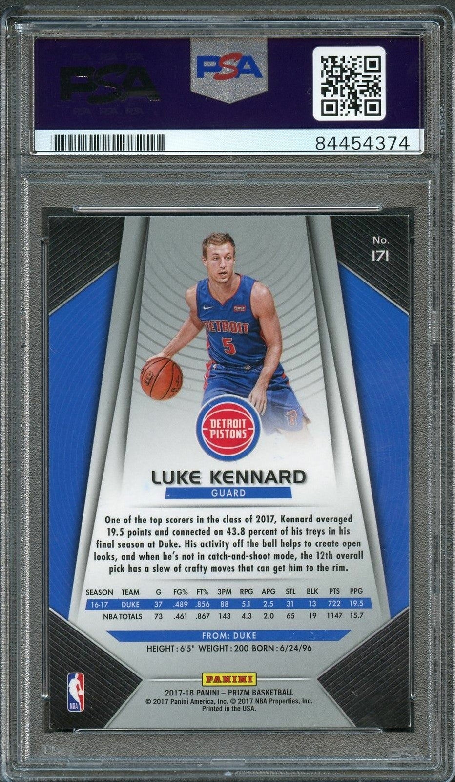2017 Panini Prizm #171 Luke Kennard Signed Rookie Card AUTO PSA Slabbed Pistons