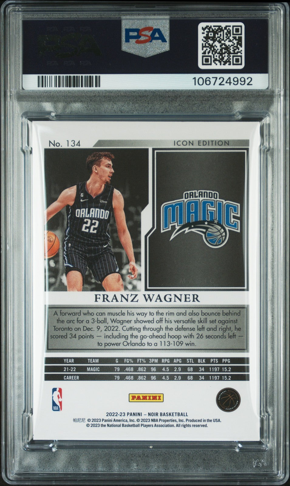 2022 Panini Noir #134 Franz Wagner Gold signed card PSA A Auto 10