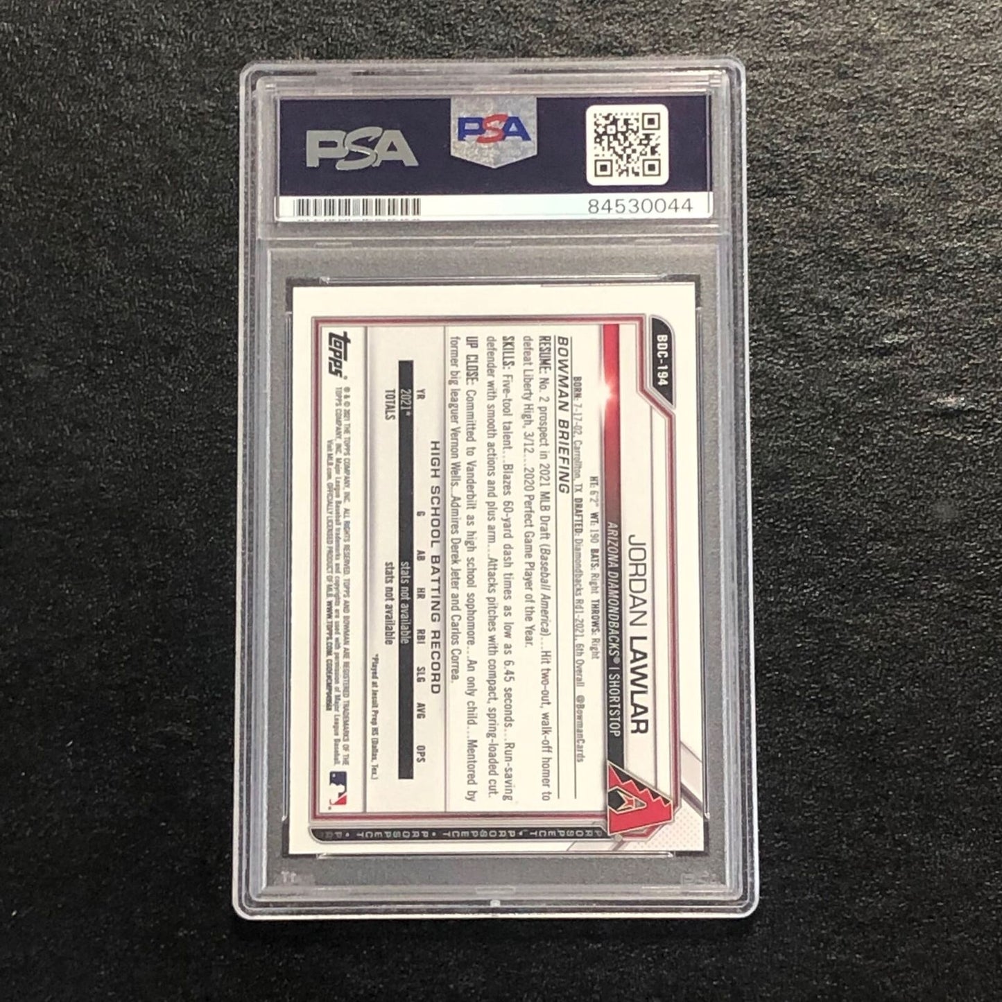 2021 Bowman Chrome #BDC-194 Jordan Lawlar Signed Card PSA Auto RC