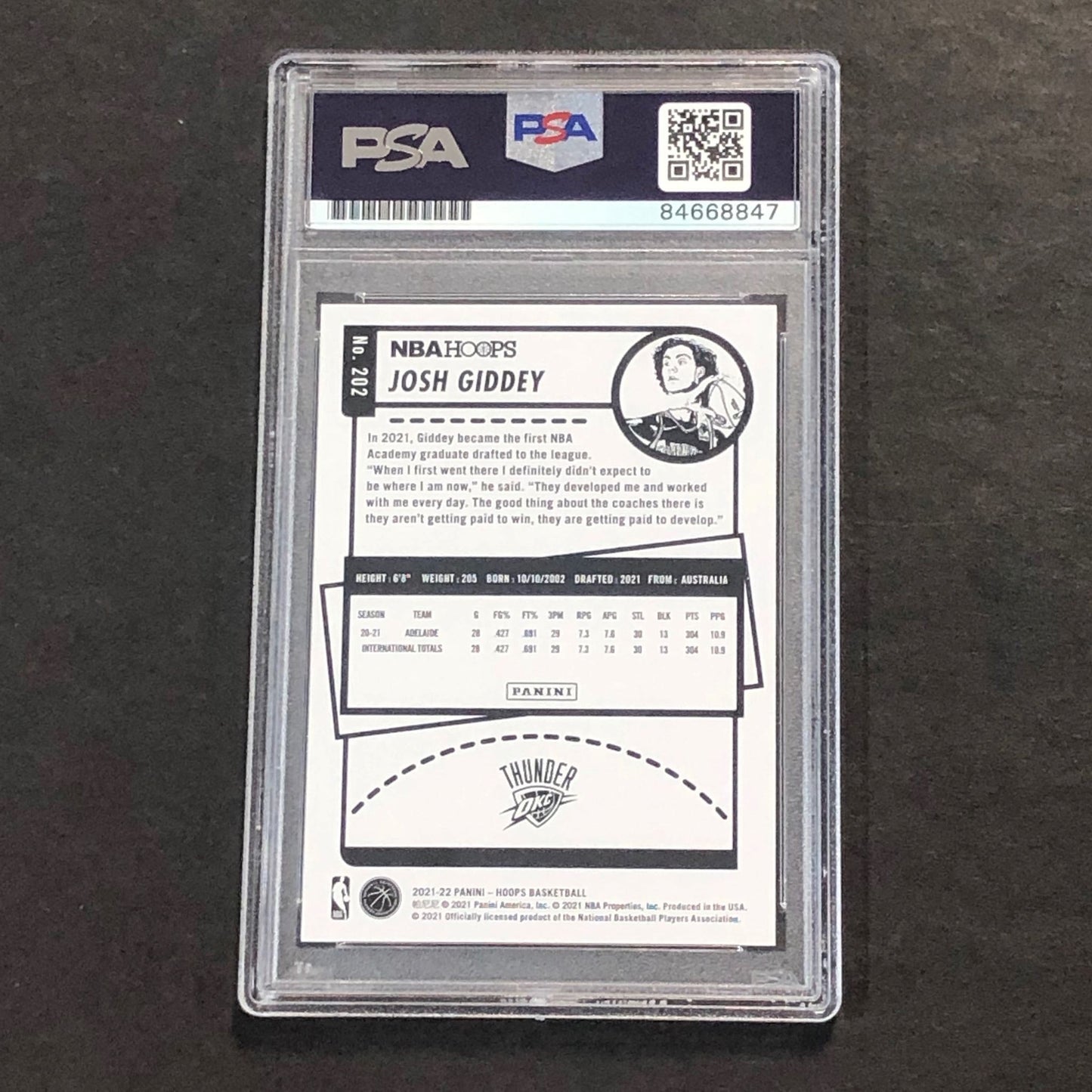2021-22 NBA Hoops #202 Josh Giddey Signed Card AUTO PSA Slabbed RC Thunder
