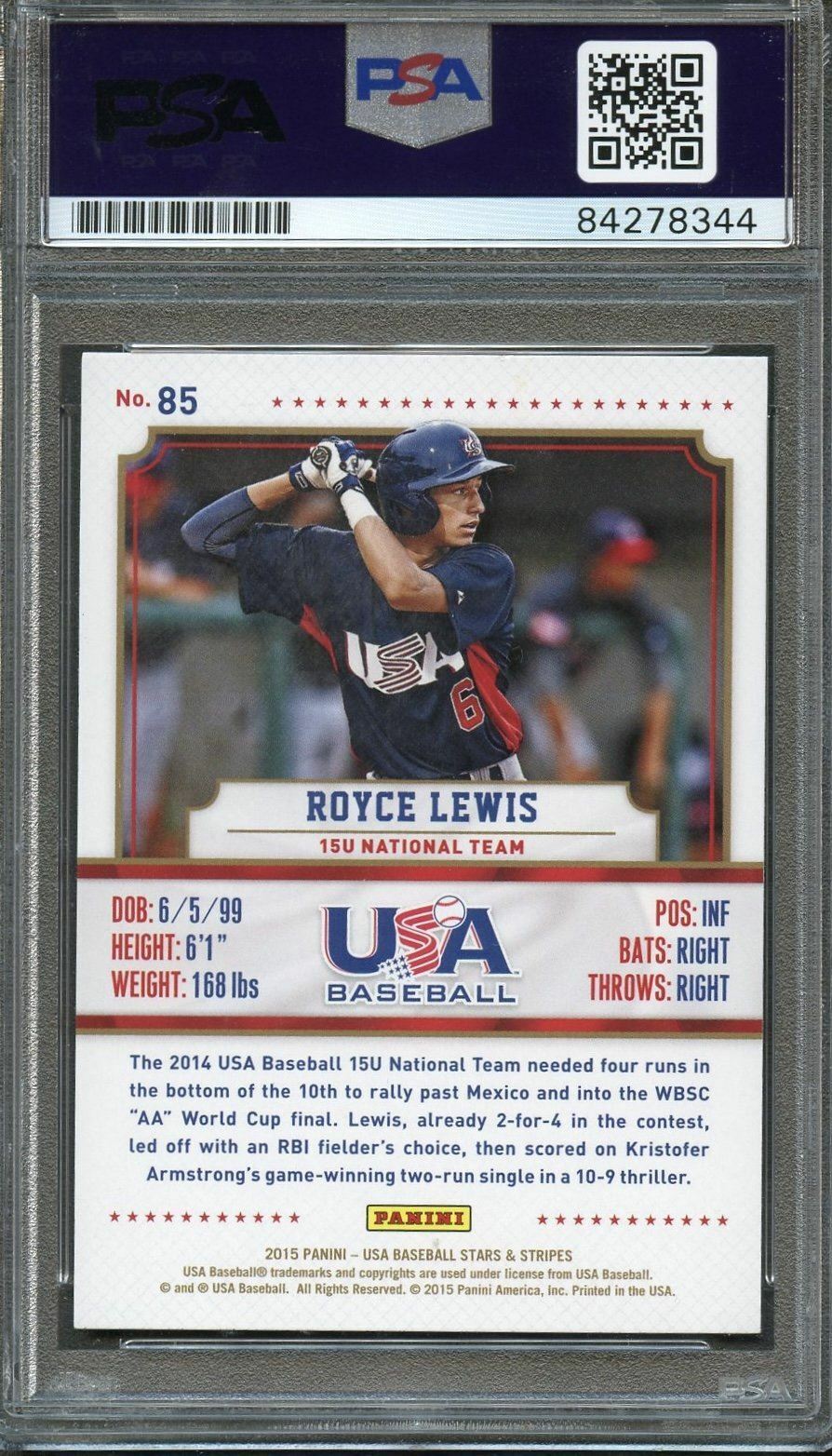 2015 Panini USA Baseball #85 Royce Lewis Signed Card PSA Slabbed Auto USA