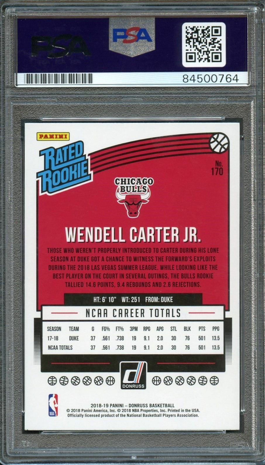 2018-19 Panini Donruss #170 Wendell Carter Jr. Signed Card AUTO 10 PSA Slabbed R