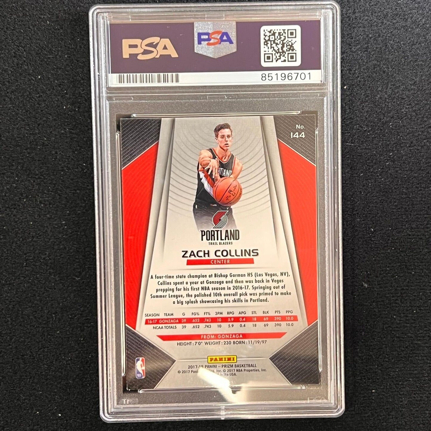 2017-18 Panini Prizm #144 ZACH COLLINS Signed Card AUTO PSA Slabbed RC Blazers