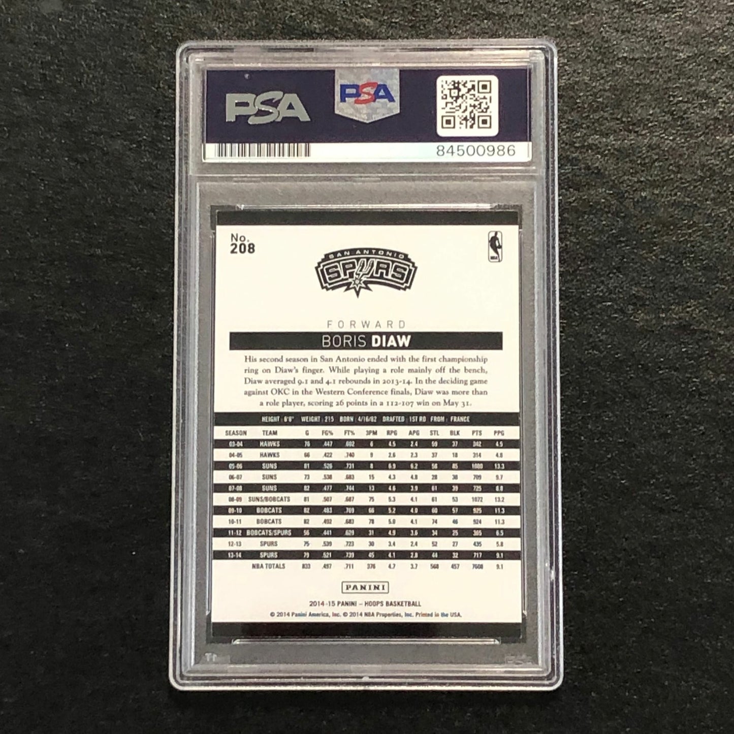 2014-15 NBA HOOPS #208 Boris Diaw Signed Card AUTO 10 PSA Slabbed Spurs