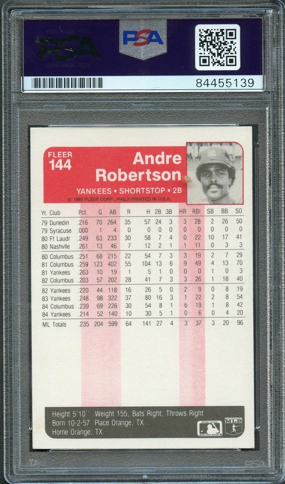 1985 FLEER #144 Andre Robertson Signed Card PSA Slabbed Auto Yankees