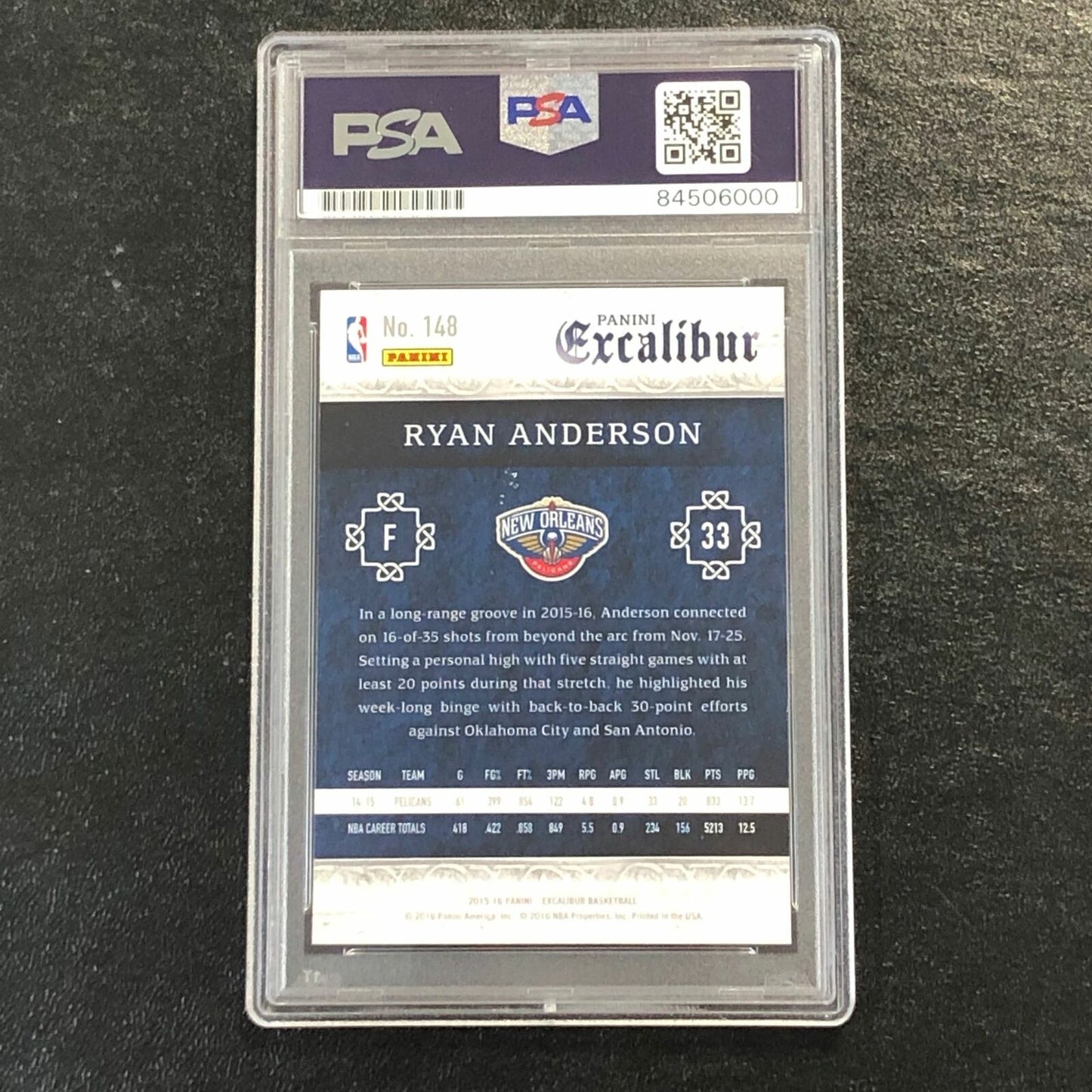 2015-16 Panini Excalibur #148 Ryan Anderson Signed Card AUTO PSA Slabbed Pelican