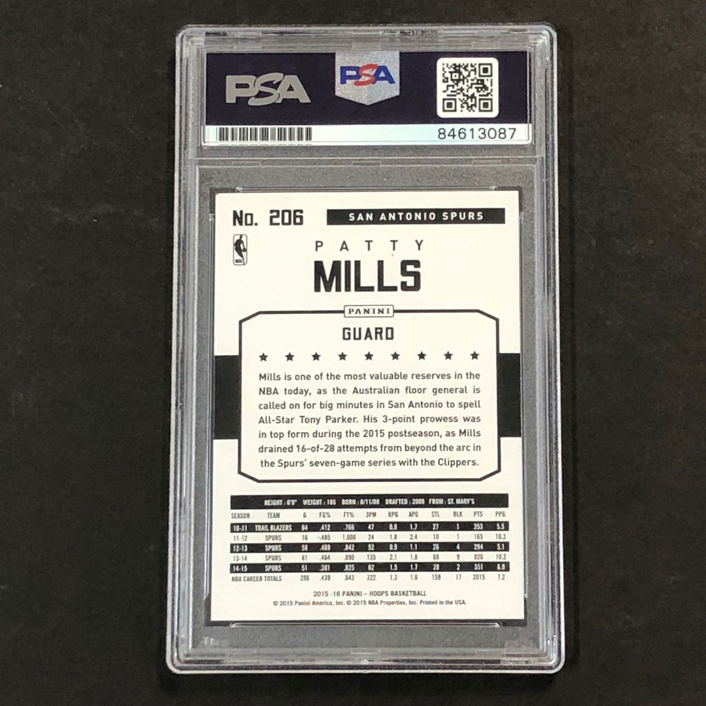2015-16 NBA Hoops #206 Patty Mills Signed Card AUTO PSA Slabbed Spurs