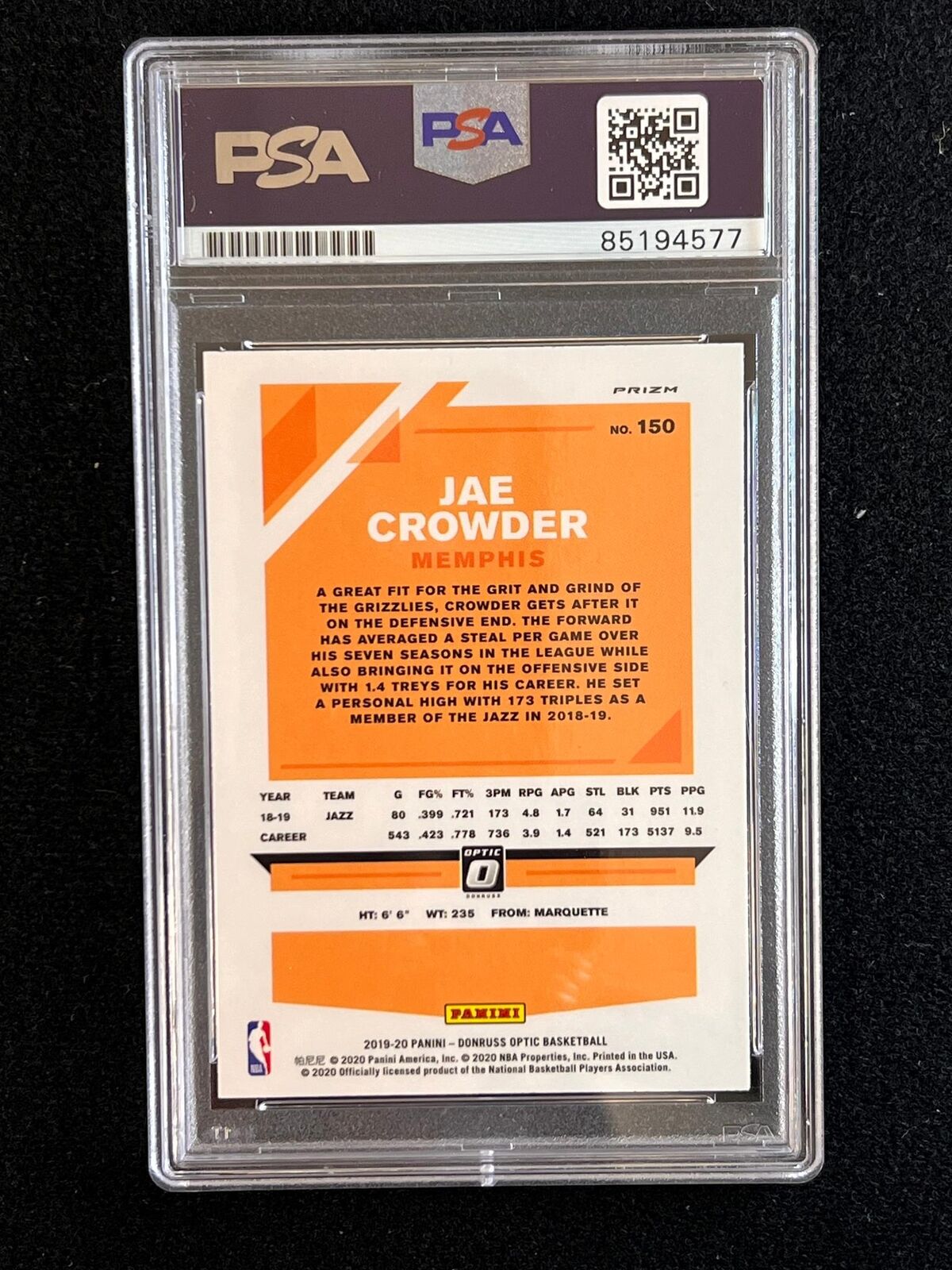 2019-20 Panini Prizm #150 Jae Crowder Signed Card AUTO 10 PSA Slabbed Grizzlies