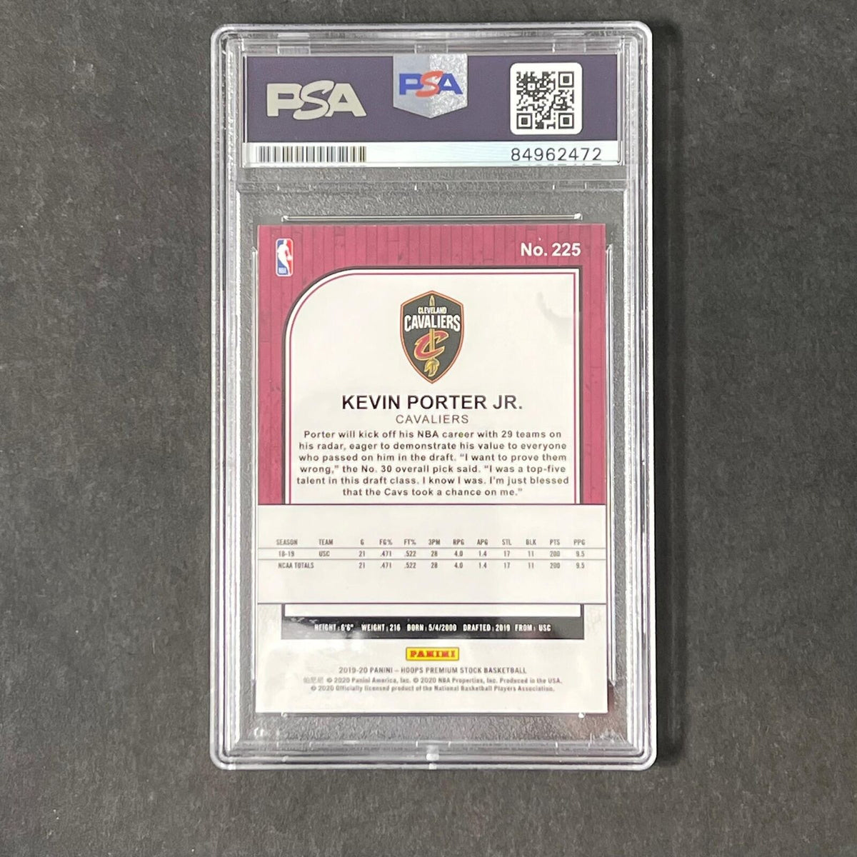 2019-20 Panini Hoops Premium Stock #225 Kevin Porter Jr. Signed Card PSA Slabbed