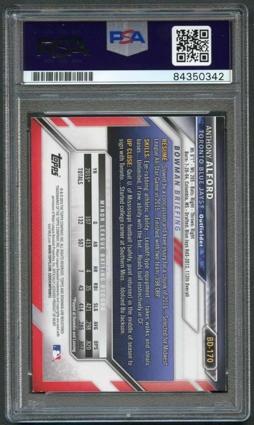 2016 Bowman Draft #BD170 Anthony Alford PSA/DNA Slabbed Autographed AUTO Blue Ja