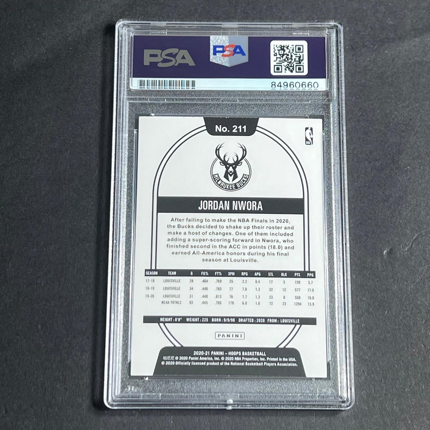 2020-21 Panini Hoops #211 Jordan Nwora Signed Card AUTO PSA/DNA Slabbed RC Bucks