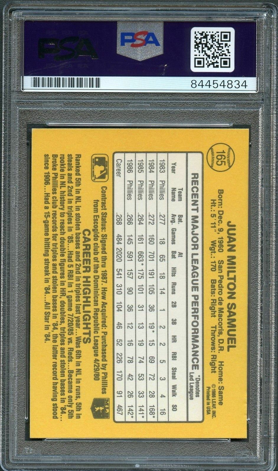 1987 Donruss #165 Juan Samuel Signed Card PSA Slabbed Auto 10 Phillies