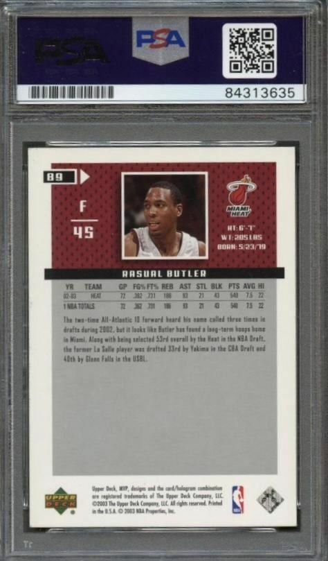2003-04 Upper Deck MVP #89 Rasual Butler Signed Card AUTO Grade 10 PSA Slabbed