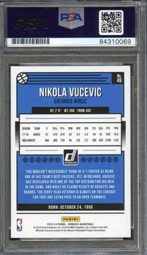 2018-19 Panini Donruss #49 Nikola Vucevic Signed Card AUTO PSA Slabbed
