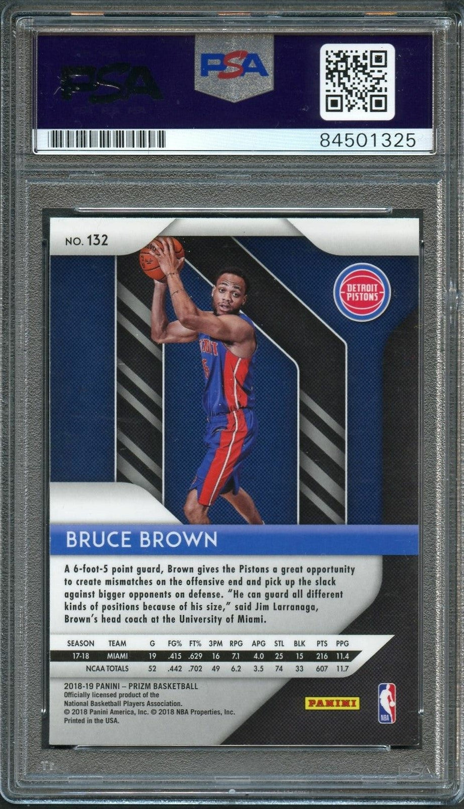 2018-19 Panini Prizm #132 Bruce Brown Signed Card AUTO PSA Slabbed RC Pistons