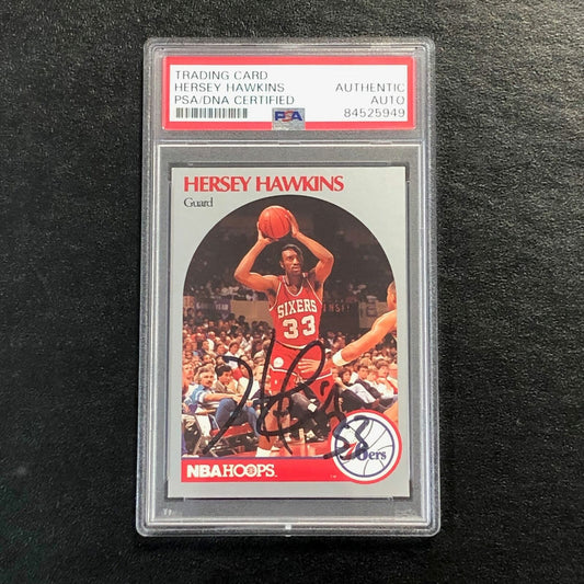 1990-91 NBA Hoops #229 Hersey Hawkins Signed Card AUTO PSA Slabbed 76ers