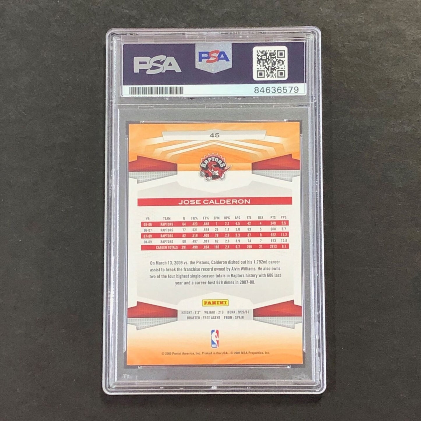 2009-10 Panini Basketball #45 Jose Calderon Signed Card AUTO PSA Slabbed Raptors