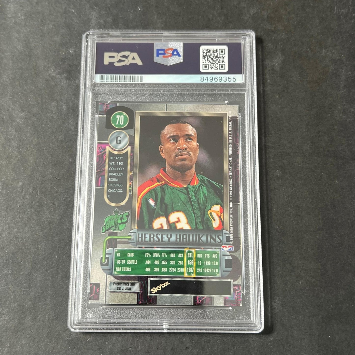 1996-97 Universe Skybox #70 Hersey Hawkins Signed Card Slabbed Supersonics
