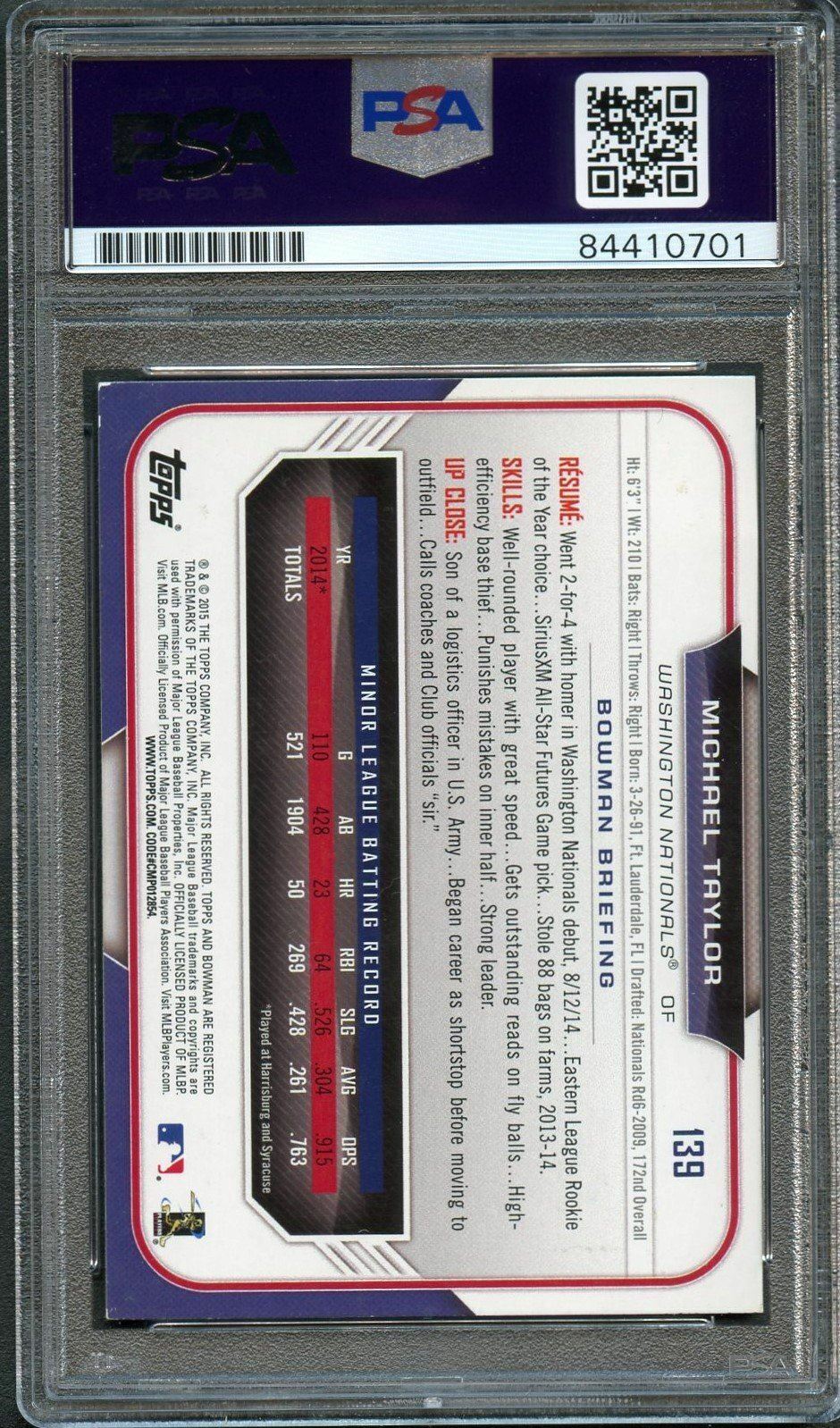 2015 Bowman #139 Michael Taylor Signed Card PSA Slabbed Auto Grade 10 RC Nationa