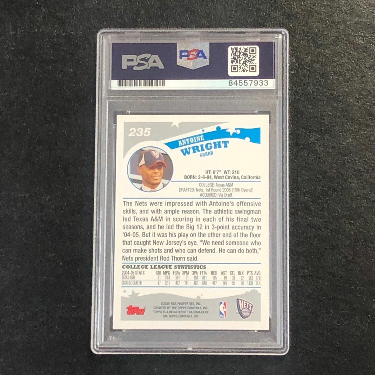 2005-06 Topps #235 Antoine Wright Signed Card AUTO PSA Slabbed RC Nets