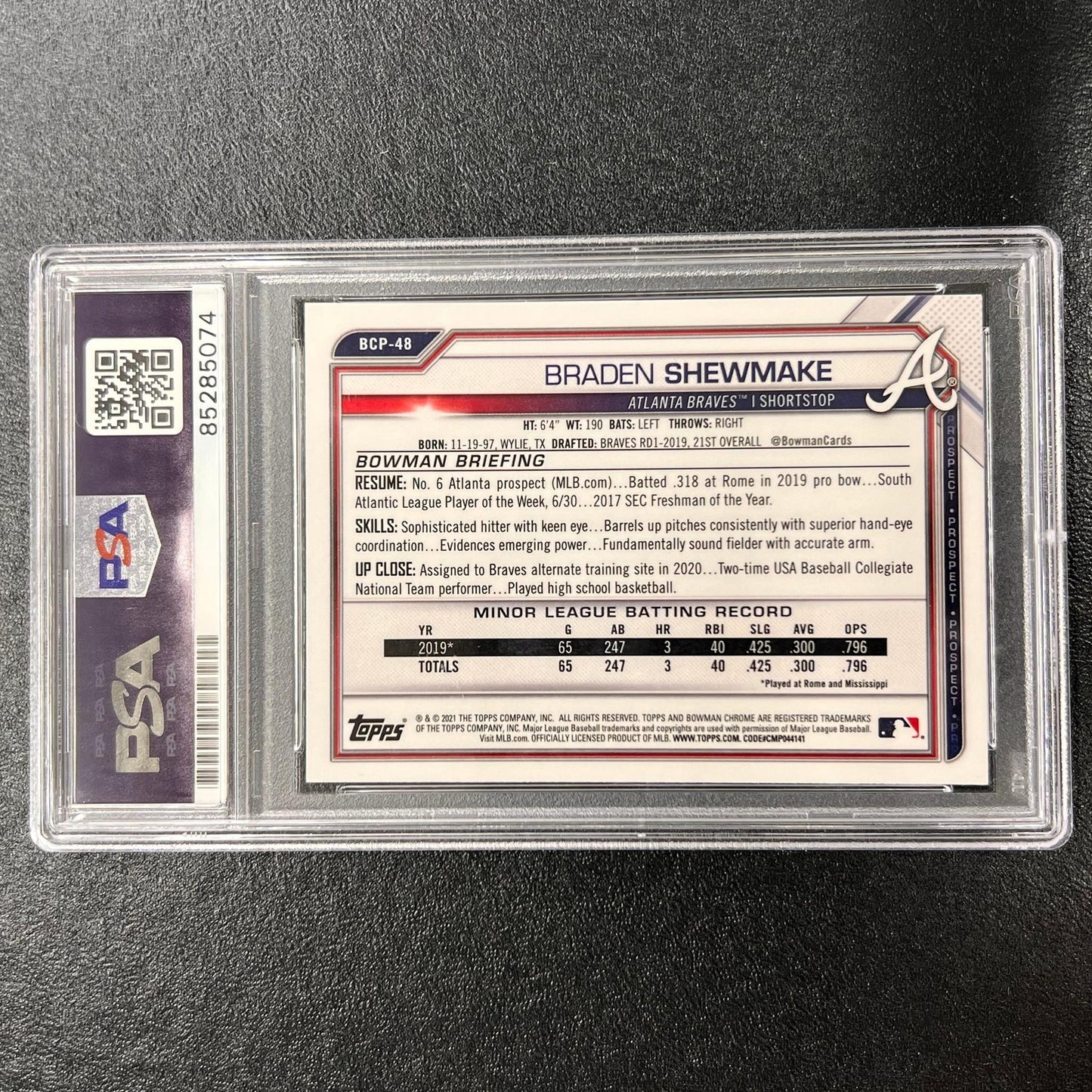 2021 Bowman Chrome #BCP-48 Braden Shewmake Signed Card Auto PSA/DNA Slabbed Brav