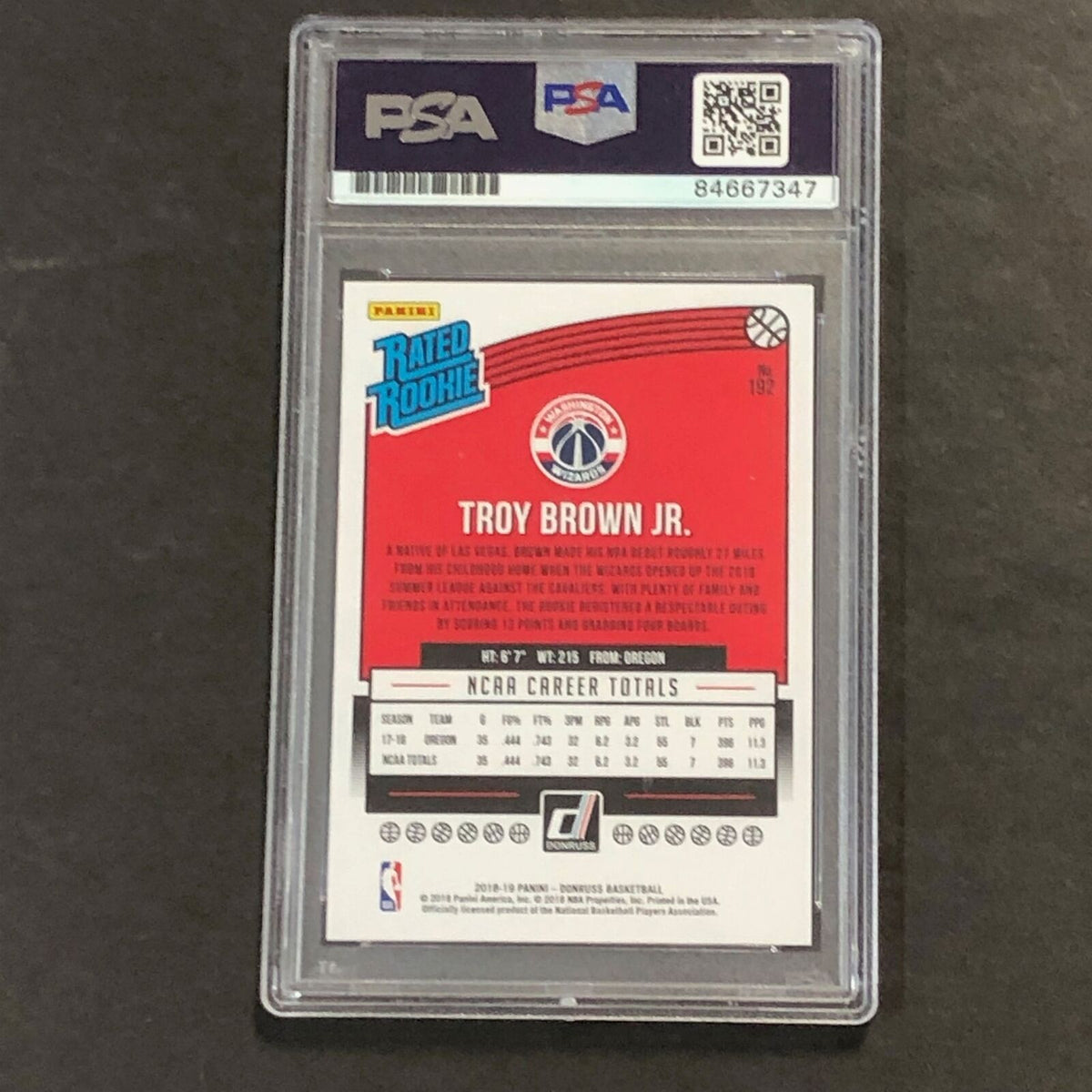 2018-19 Panini Optic #192 TROY BROWN JR. Signed Card AUTO GRADE 10 PSA RC Rookie