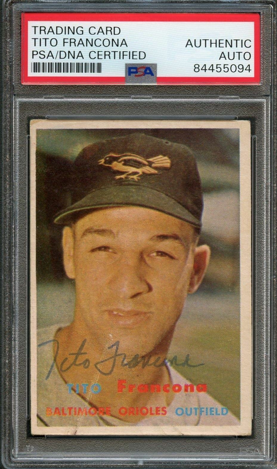 1957 Topps #184 TITO FRANCONA Signed Card PSA Slabbed Auto Orioles